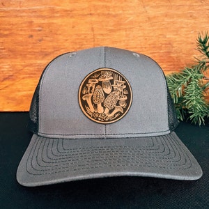 Mixed Mushroom Fungi Forager - Mushroom Hunting Hat - Mushroom Leather Patch Richardson Hat Adjustable Snapback- Mushroom Hunter Gift