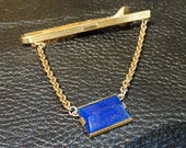 Vintage Tie Bar Clip Yellow Gold Plated Blue Stone