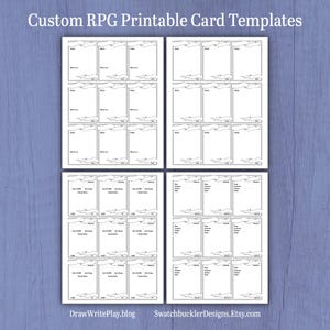 Op de afbeelding: Printbare RPG-kaartensjablonen met een wolkontwerp. De sjablonen hebben lege ruimtes om te schrijven en te tekenen. De tekst "DrawWritePlay.blog" en "SwatchbucklerDesigns.Etsy.com" staat onderaan de pagina.