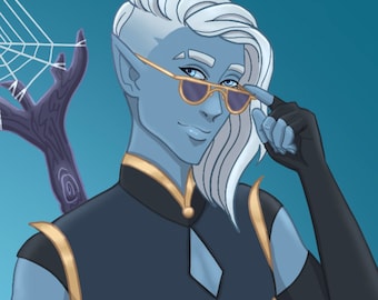 May include: A blue-skinned elf with white hair wearing gold-rimmed sunglasses and a black and gold outfit. The elf is holding a web-like object in their left hand.