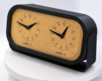 Personalized Two Time Zone Clock Custom Made World 2 Timezone Desktop Table, Minimalist Modern Desk Clock with Tilting Base, Slient Clock