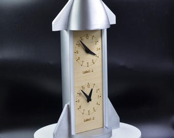 SpaceX Starship Inspired Rocket Clock | Personalized Dual Time Zone Desktop Decor | Custom 2 World Timezone Table Clock | Space Gift for Him