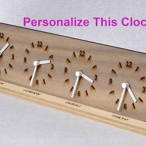 Personalized Four Time Zone Clock Custom Made World 4 Timezone Desktop Table World Clock Walnut Wood