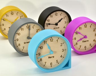 Custom Multi-Timezone Clocks Set – Handmade Minimalist Design Maple Wood Desk Clocks with Modern Rounded Triangular Frames in Various Colors