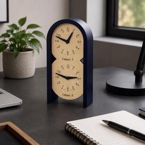 May include: A dual-face desk clock featuring a dark blue arched frame and two circular light wood clock faces. Each face has black hands and black numerals. The text Label-1 is printed below the top clock and Label-2 below the bottom clock.
