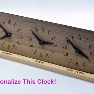 Personalized Three Time Zone Clock Custom Made World 3 Timezone Desktop Table World Clock Walnut Wood
