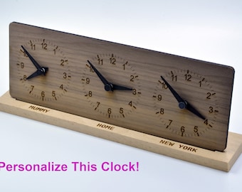 Personalized Three Time Zone Clock Custom Made World 3 Timezone Desktop Table World Clock Walnut Wood