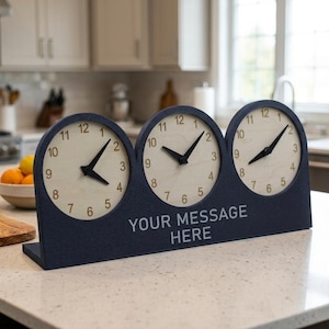May include: A dark blue triple-clock desk piece featuring three circular clock faces with light wood-toned backgrounds, black hands, and gold-colored numbers. The base displays the white text "YOUR MESSAGE HERE" centered below the clocks.