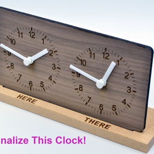 Personalized Two Time Zone Clock Custom Made World 2 Timezone Desktop Table World Clock Walnut Wood