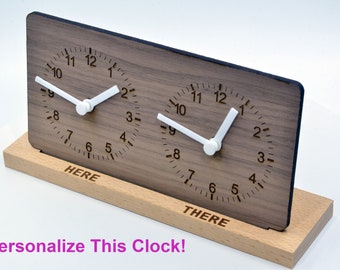 Personalized Two Time Zone Clock Custom Made World 2 Timezone Desktop Table World Clock Walnut Wood