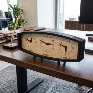 May include: A horizontal triple-dial desk clock with a black frame and a light wood face. The clock features three separate circular analog clock faces, each with black hands and numerals. Below each dial, the text Label-1, Label-2, and Label-3 is printed in black. The unit stands on small black feet.