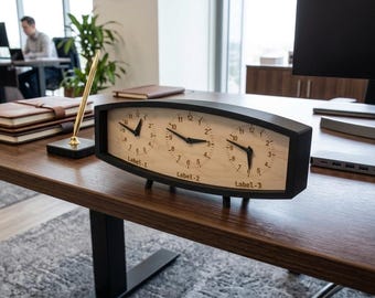 Personalized Triple Time Zone Clock Custom Made World 3 Timezone Desktop Table Mid Century Modern Desk Clock Handmade Retro Clock MCM Design