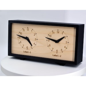 Pode incluir: Um relógio duplo de madeira preta com dois mostradores circulares. Cada mostrador tem ponteiros pretos e um fundo de madeira clara com algarismos pretos. O texto "Label-1" e "Label-2" está impresso abaixo de cada mostrador.