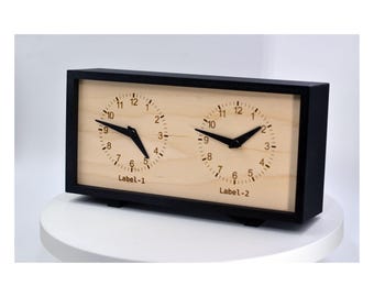 Personalized Two Time Zone Clock Custom Made World 2 Timezone Desktop Table, Minimalist Modern Desk Clock, Handmade, Rectangular Shape