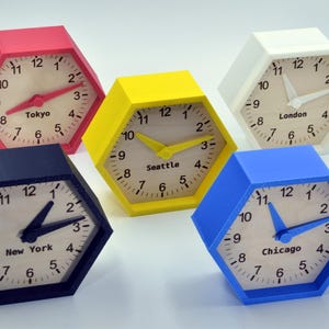 Set of Custom Multi-Timezone Clocks – Maple Wood Hexagon Desk Clocks in Black, White, Red, Blue, and Yellow – Perfect for Office or Gifts