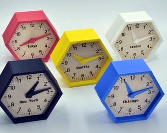 Set of Custom Multi-Timezone Clocks – Maple Wood Hexagon Desk Clocks in Black, White, Red, Blue, and Yellow – Perfect for Office or Gifts