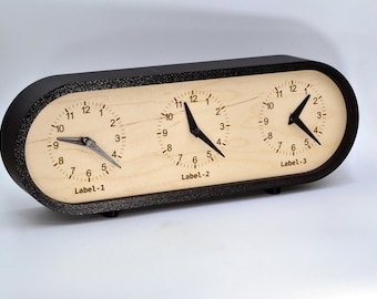 Horloge personnalisée avec triple fuseau horaire, monde fait sur mesure, 3 fuseaux horaires, table de bureau, horloge de bureau moderne et minimaliste, horloge faite main, Design minimaliste