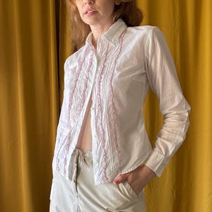 Vintage Y2K Ruffled Tuxedo Button Down Blouse, Romantic Victorian Style Sheer Ruffle Shirt, Size Small