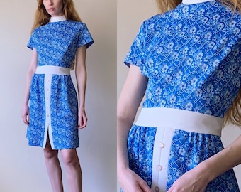 70s mod mini dress, royal blue mock neck short sleeve scooter dress, womens size medium