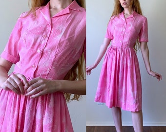 60s Barbie pink fit and flare dress, Park Crest collared button front vintage 1960s short sleeve shirtdress, womens size xs