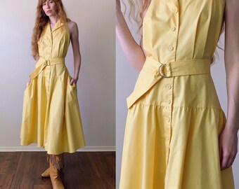 80s lemon yellow midi dress, drop-waist collared full skirt day dress, womens size medium large