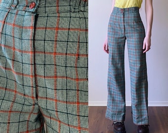70s wide leg plaid pants, emerald green high waist flared trousers, womens size xs