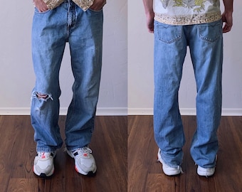 y2k baggy jeans, early 2000s medium wash distressed ripped loose fit jeans, Anchor Blue, mens 33x33