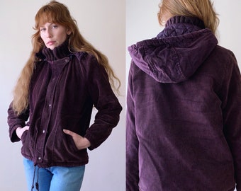 70s corduroy coat, plum purple hooded faux shearling lined jacket, womens size small medium