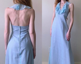 70s swiss dot halter dress, frost blue backless ruffled neckline 1970s a-line maxi dress, womens size xs