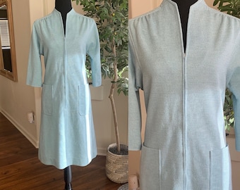 70s mod knit dress, powder blue zipper front short sleeve sheath dress, womens size medium