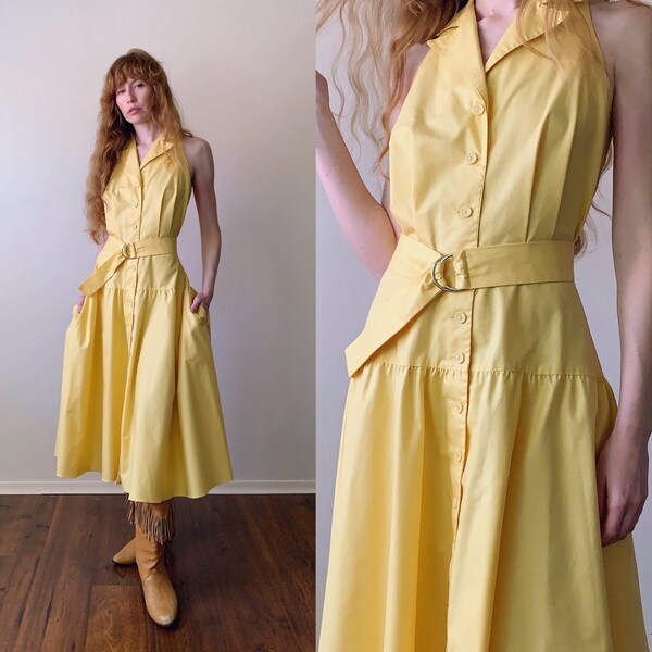 80s lemon yellow midi dress, drop-waist collared full skirt day dress, womens size medium large