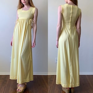 70s empire waist maxi dress, canary yellow slinky Grecian style long dress, womens size xxs