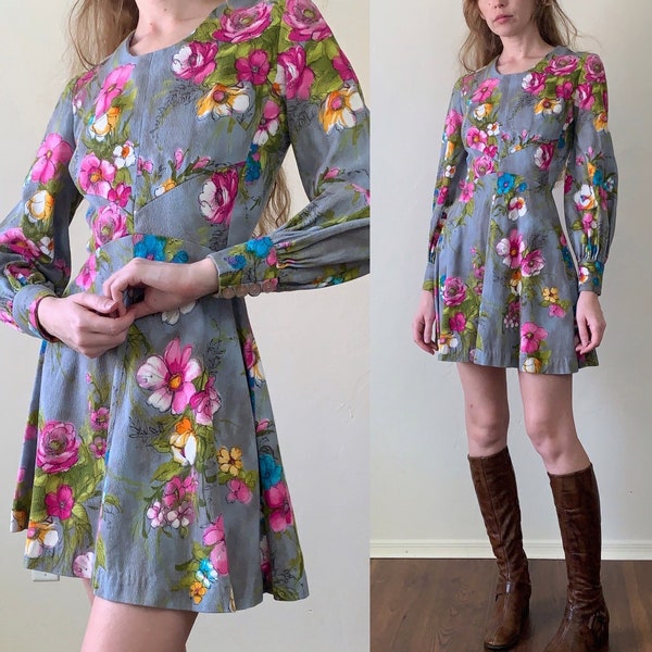 70s barkcloth mini dress, bishop sleeves floral print mod dress, womens size xs