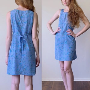 y2k floral print tank dress, blue flower pattern sleeveless vintage 2000s mini dress, womens size small