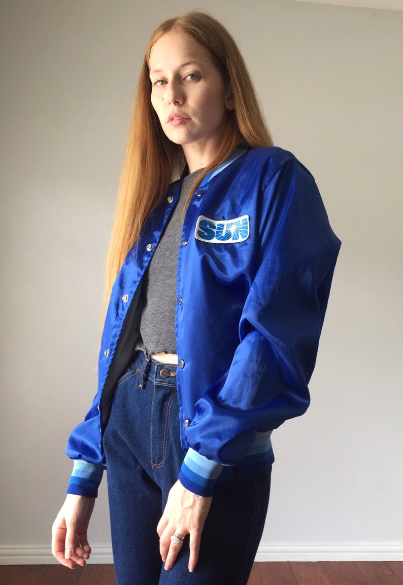 Vintage 1970s Jacket / Satin 70s Bomber Jacket / Striped Cuff Etsy