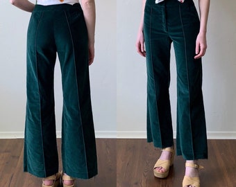 70s velvet flared pants, green mid rise kick flare trousers, womens size xs