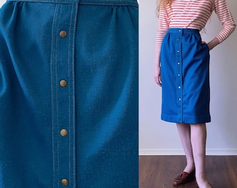 70s casual mod skirt, button front high waist teal a-line knee length skirt, womens size small