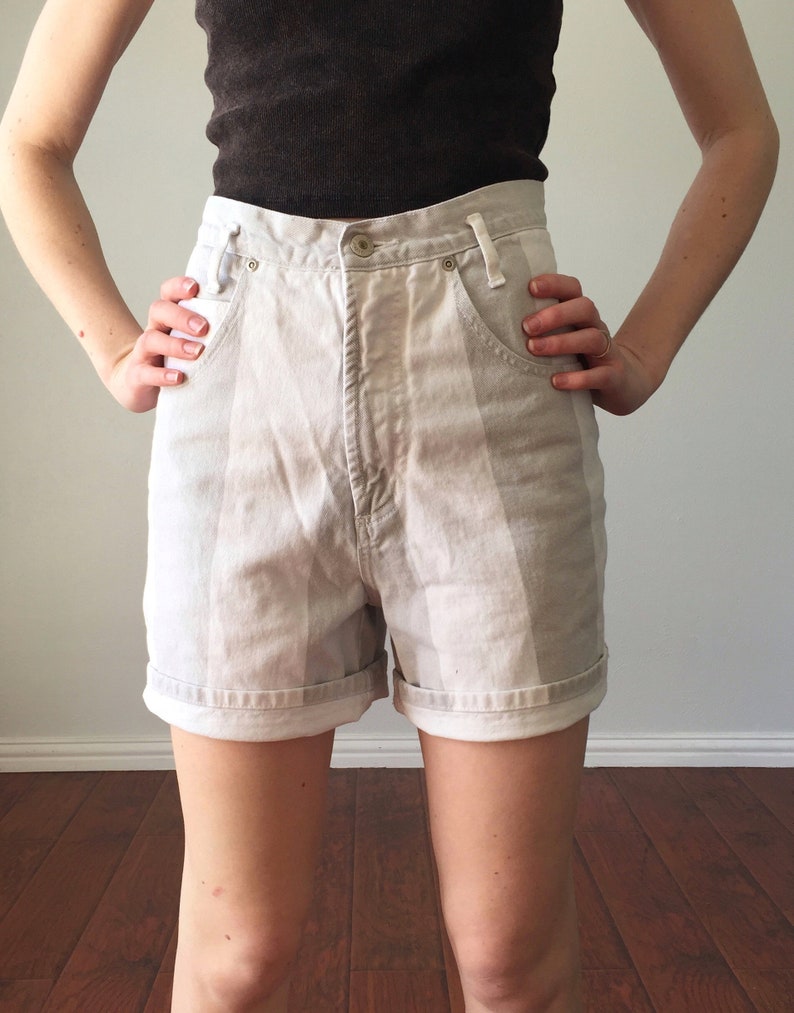 Vintage 1990s High Waisted Shorts Grey Vertical Striped Jean High Rise 90s Shorts Denim Shorts Size M Medium 27 inch Waist