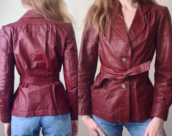 70s maroon leather jacket, notched collar puff sleeve button front 1970s coat, womens size xs