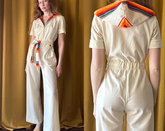 Vintage 1970s Bell Bottom Jumpsuit with Rainbow Hood and Belt, Boho One Piece Festival Outfit