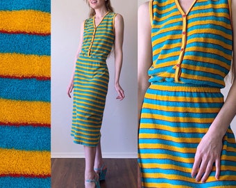 70s terrycloth midi dress, fruit stripe elastic waist tank dress, womens size small medium