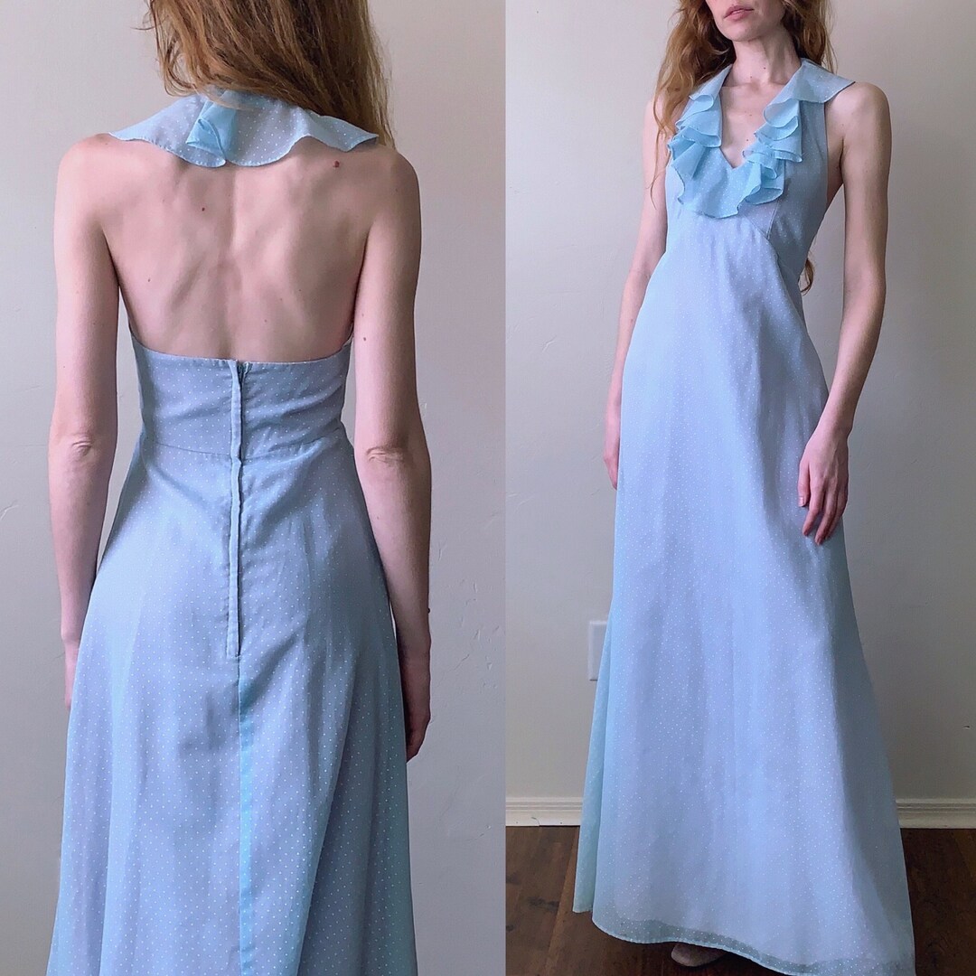 70s Swiss Dot Halter Dress, Frost Blue Backless Ruffled Neckline 1970s