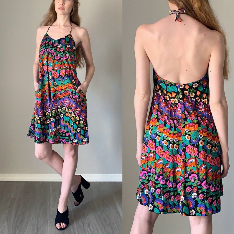 Vintage 1970s Dress Floral Print Halter Top 70s Dress Trippy Psychedelic Pattern 70s Trapeze Dress Size XS
