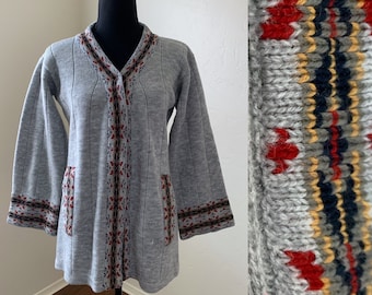 70s bell sleeve cardigan, boho gray chunky knit acrylic sweater,  womens size small