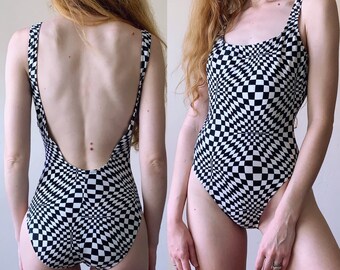 80s op art swimsuit, illusion checkered pattern scoop back one piece bathing suit, womens size small medium