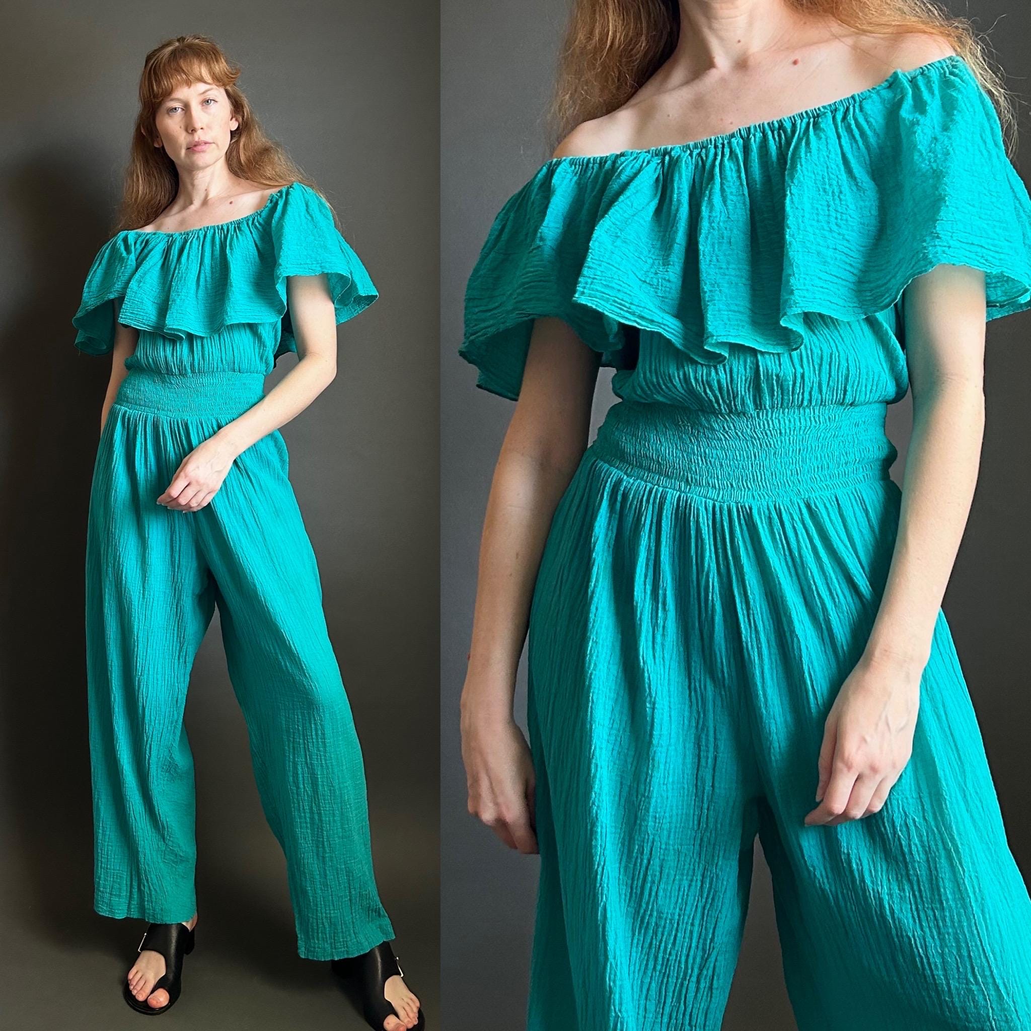 Vintage 1980s Turquoise Gauze Cotton Off The Shoulder Wide Leg Jumpsuit, Large