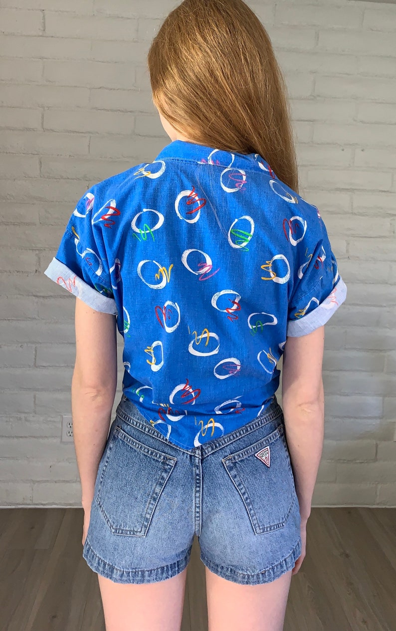 Vintage 1990s Shirt Geometric Print Squiggle Button Front 90s Top Collared Short Sleeve 90s Oxford Blouse Size Large