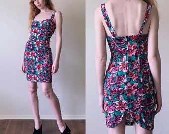 90s floral bodycon dress, Paris Blues sweetheart neckline mini dress, womens size small