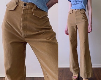 70s corduroy bell bottoms 25" waist, high waist groovy khaki flared pants, womens size xs small