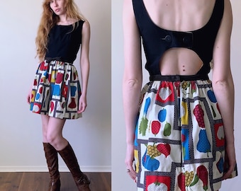 60s novelty print veggie dress, open back detachable sleeveless summer mini dress, womens size xs